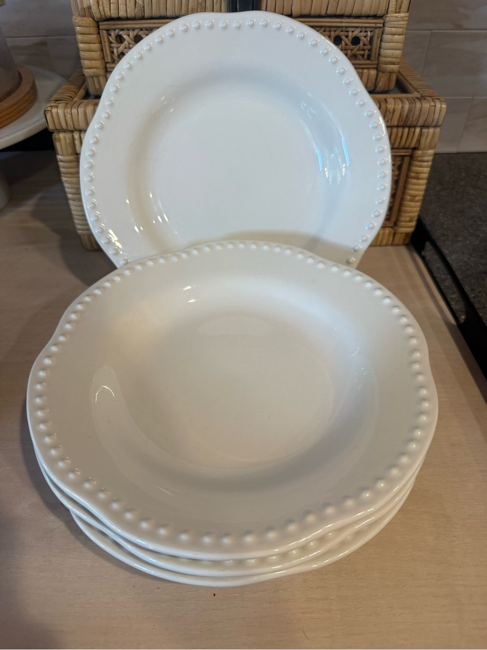 Pottery Barn Emma Beaded Stoneware Salad Plates Scalloped Edge - Set of 4